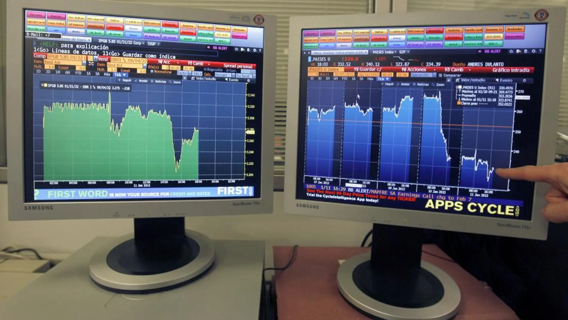 Pantalla que muestra la evolución de la prima de riesgo (i) y el principal indicador de la bolsa española, el IBEX 35 (d) durante toda la semana.