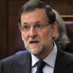 El jefe del Ejecutivo, Mariano Rajoy, durante su intervención en la sesión de control al Gobierno que se celebra hoy en el Congreso