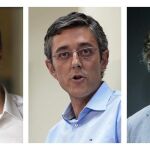 Fotografías de los candidatos oficiales a secretario general del PSOE, Pedro Sánchez (i), Eduardo Madina (c) y José Antonio Pérez Tapias (d).