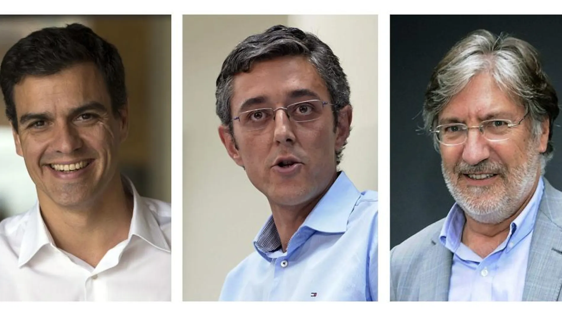 Fotografías de los candidatos oficiales a secretario general del PSOE, Pedro Sánchez (i), Eduardo Madina (c) y José Antonio Pérez Tapias (d).