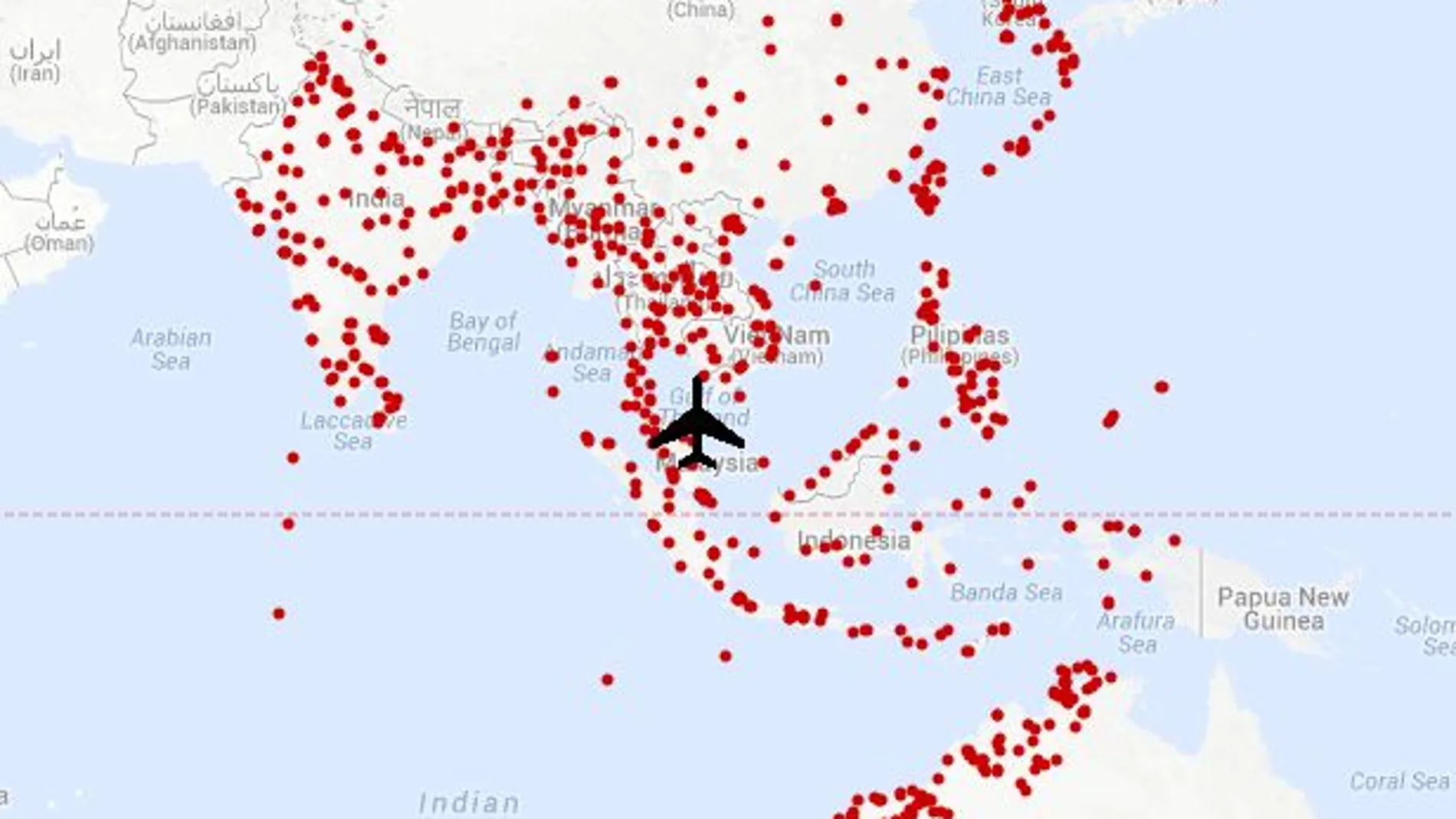 Mapa con los posibles puntos de aterrizaje del avión de Malaysia Airlines