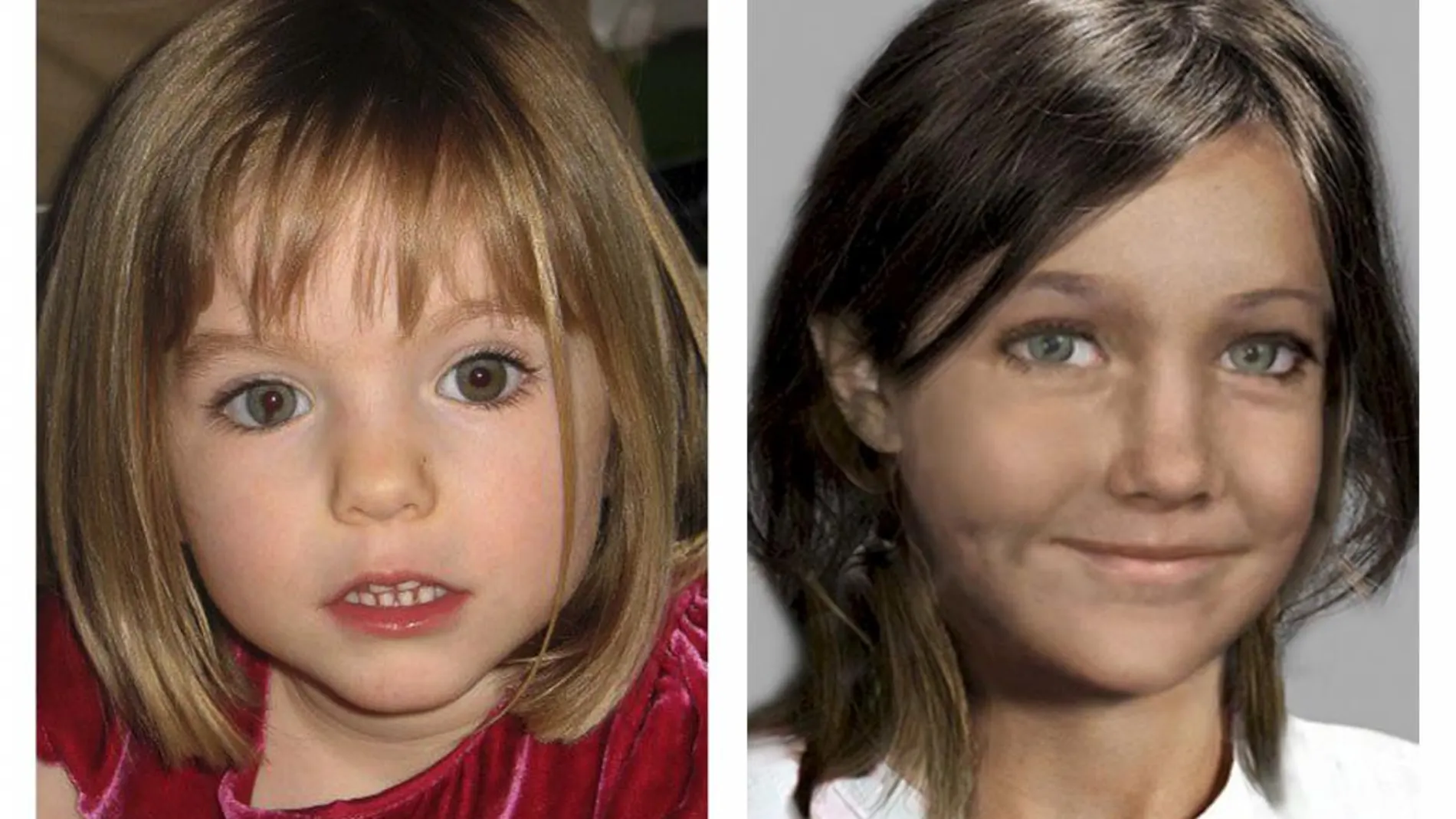 Imagen de Maddie antes de su desaparición y un retrato robot de cómo sería al cumplir los 9 años