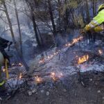 Dos forestales trabajan durante las labores de extinción del incendio forestal en el Parque Natural del Montgó, en el término municipal de Dénia (Alicante).