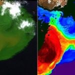 Imagen tomada por el satélite WorldView-2 en octubre de 2011. Las aguas de color verde brillante indican altas concentraciones de material volcánico, que fluye desde la zona marrón, donde está el volcán. A la derecha, se aplica el 'coeficiente de atenuación difusa', una forma de medir la turbidez del agua. Las nubes se enmascaran en negro