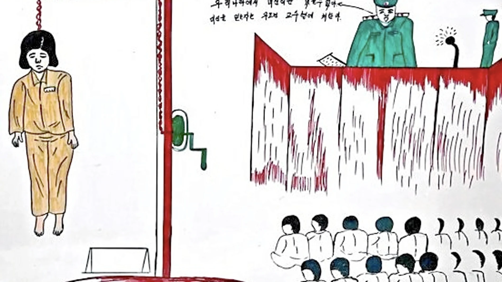 LAS VIÑETAS DEL HORROR. Este dibujo realizado por un preso político norcoreano muestra con crudeza el destindo que aguarda a todo aquel que osa desafiar al régimen de los Kim.