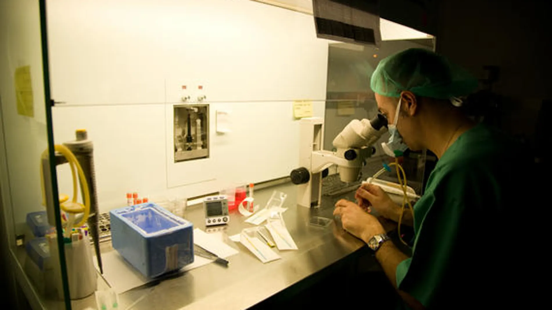 Biólogo del IVI trabajando en un laboratorio de fecundación in vitro. En este centro se investigan terapias para evitar el ovario poliquístico