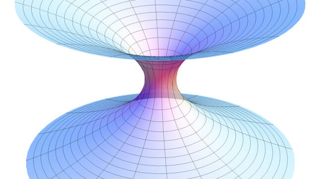Diagrama de un agujero de gusano, un "atajo"hipotético a través del universo entre partículas entrelazadas