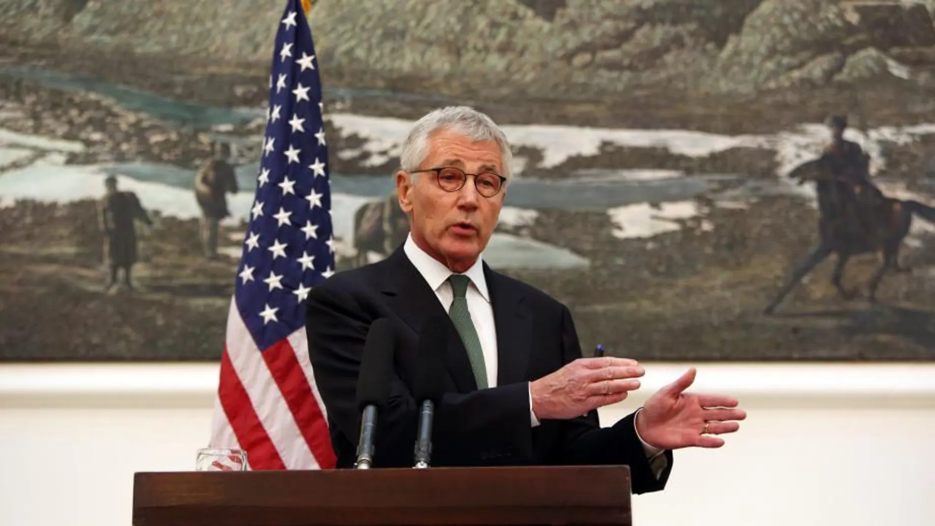 El secretario de Defensa de Estados Unidos, Chuck Hagel, durante la rueda de prensa en Afganistán