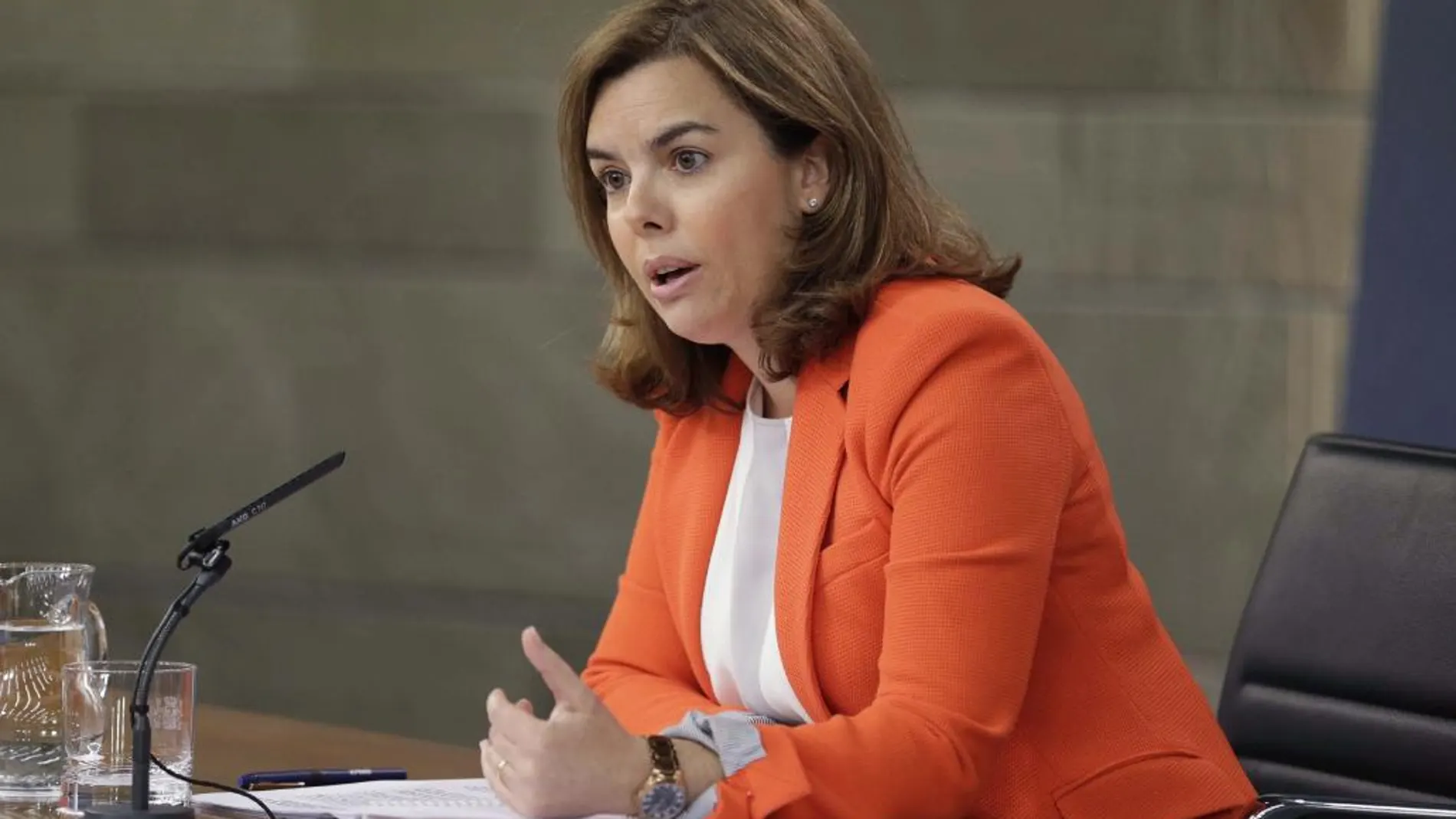 La vicepresidenta del Gobierno, Soraya Sáenz de Santamaría, durante la rueda de prensa posterior a la reunión del Consejo de Ministros, hoy en La Moncloa.