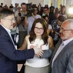 Ximo Puig,  Mònica Oltra y  Antonio Montiel, el día en el que confirmó el primer Consell de coalición de izquierdas, en 2015