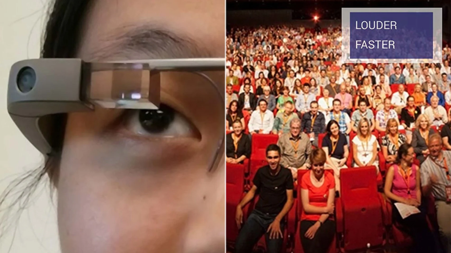 A la izquierda, un usuario usa Google Glass, y a la derecha, su visión del público, con la información en tiempo real que proporciona Rhema