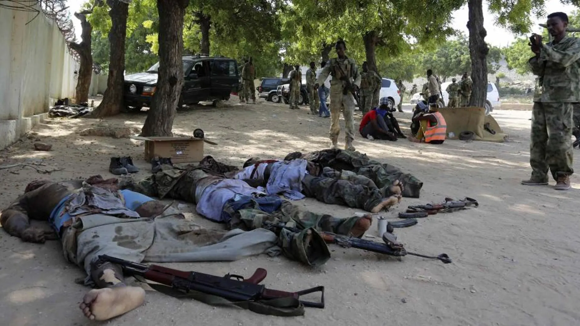 Las fuerzas de seguridad somalíes muestran ayer los cuerpos de varios terroristas del grupo Al Shabaab muertos en combates.