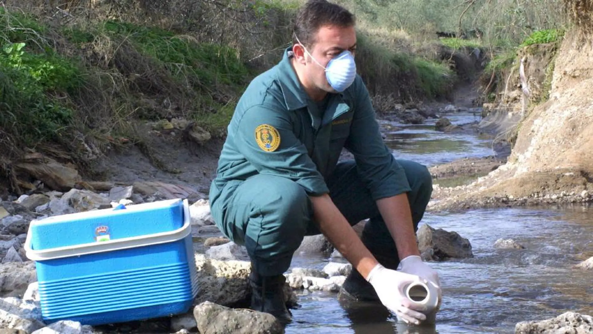 Un guardia civil del Servicio de Protección de la Naturaleza (Seprona) toma muestras del agua de un arroyo