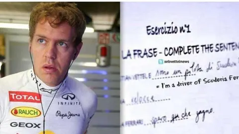 Cuestionario de «Sky» Italia en el que el piloto escribe «sono un piloto di Scudería Ferrari» («Soy piloto de Ferrari»)