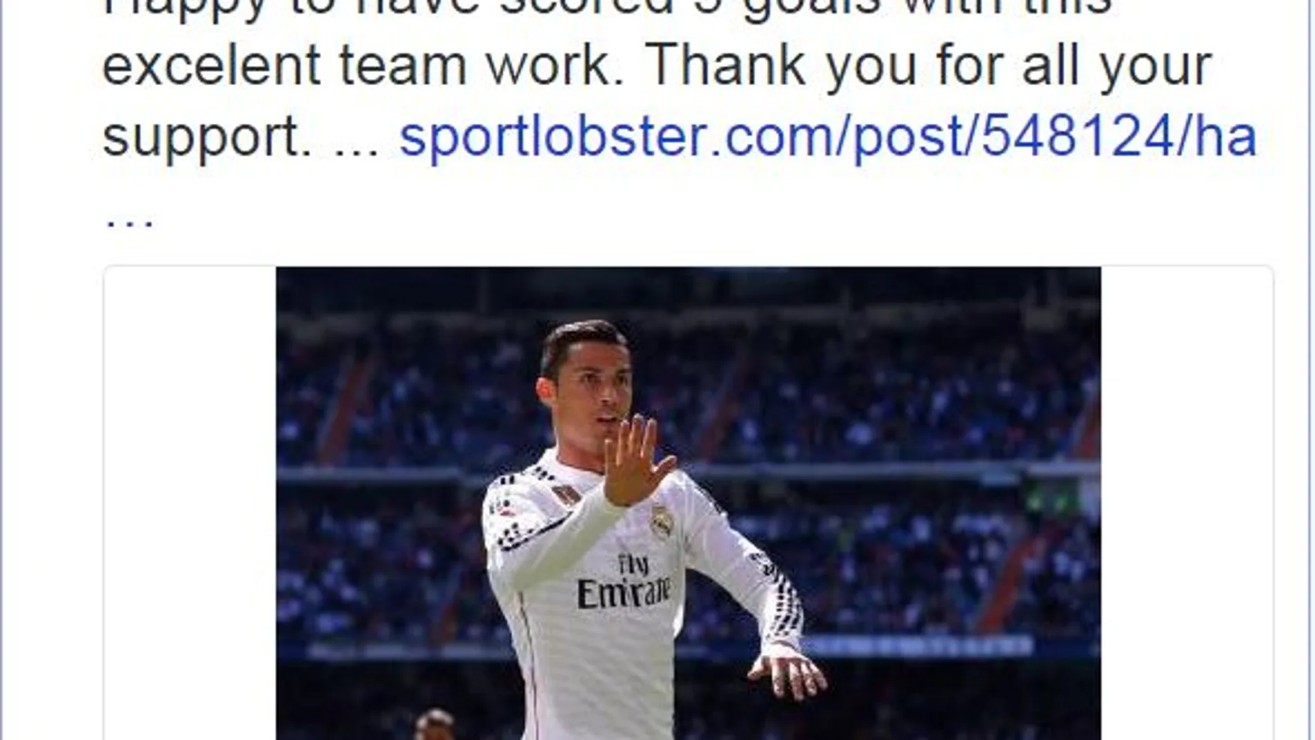 Twit en el que Cristiano Ronaldo se dirige a sus seguidores y muestra su felicidad