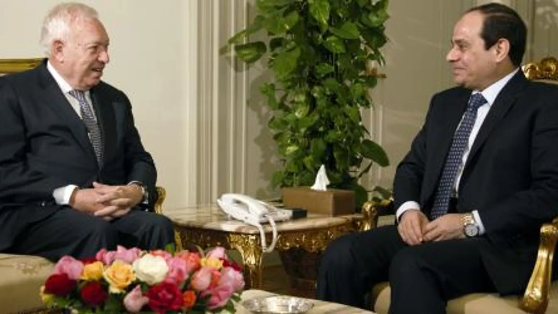 José Manuel García-Margallo conversa con el presidente de Egipto, Abdelfatah al Sisi, durante la reunión mantenida hoy en El Cairo.