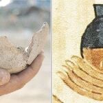 El arqueológo Diego Barkan (junto a estas líneas) sostiene los restos de una de las vasijas halladas en una excavación. A la derecha, recipiente para la cerveza que figura en una antigua pintura egipcioa