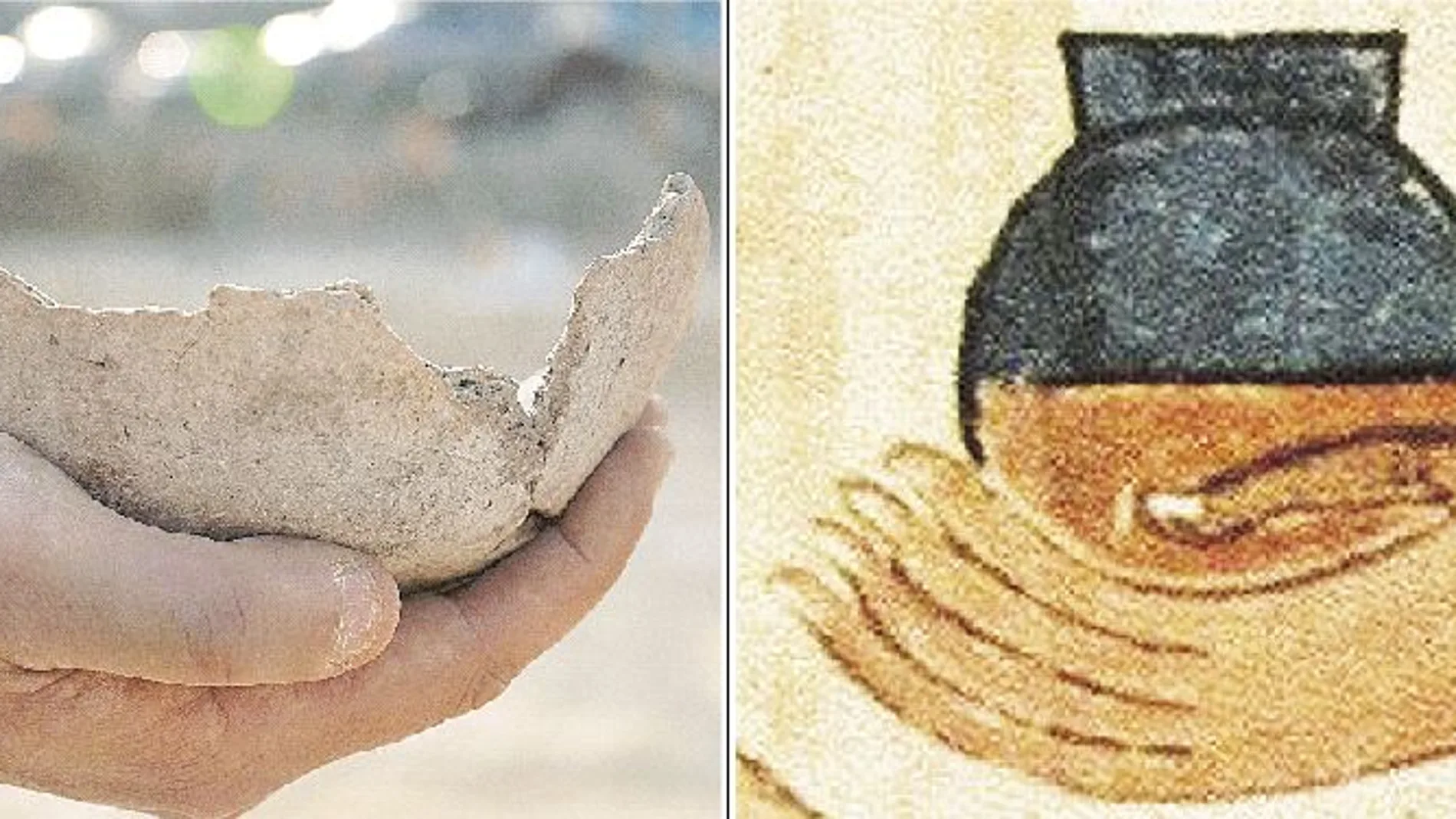 El arqueológo Diego Barkan (junto a estas líneas) sostiene los restos de una de las vasijas halladas en una excavación. A la derecha, recipiente para la cerveza que figura en una antigua pintura egipcioa