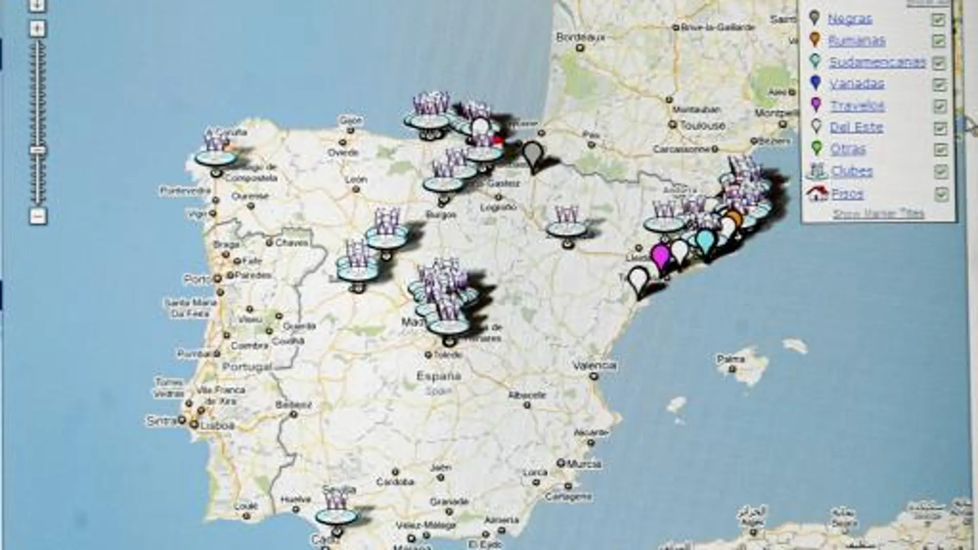 El mapa de la web detalla los lugares exactos donde se sitúan las meretrices