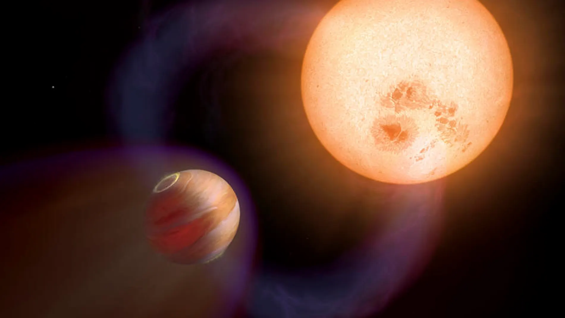 Recreación de un 'Júpiter caliente' similar a WTS-1b, pero con una órbita más rápida y cercana a su estrella, descubierto por el Hubble.