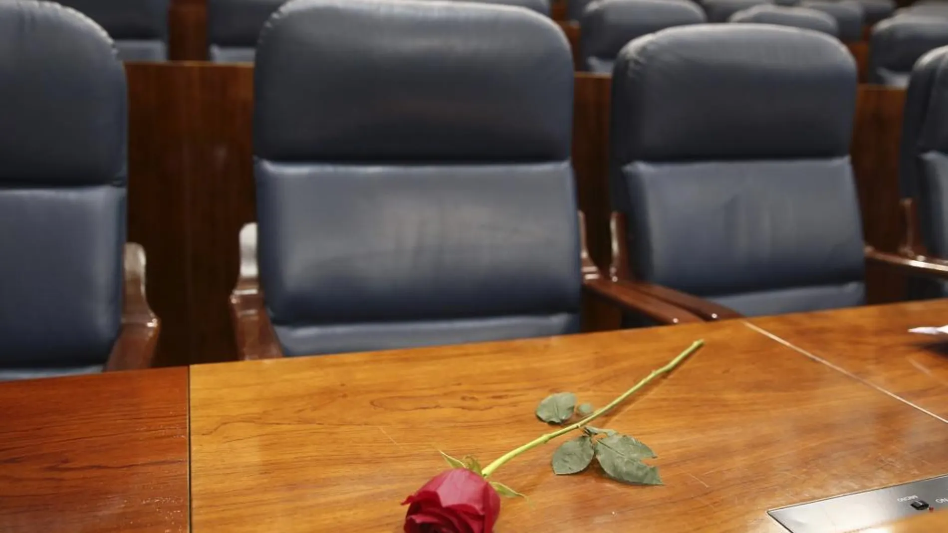 Una rosa en el escaño que ocupaba en la Asamblea de Madrid el secretario de Movimientos Sociales del PSOE, Pedro Zerolo, fallecido el 9 de junio de 2015