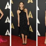 Emily Blunt, con vestido fucsia, Keira Knightley, vestido negro, y Hilary Swank, con vestido azul