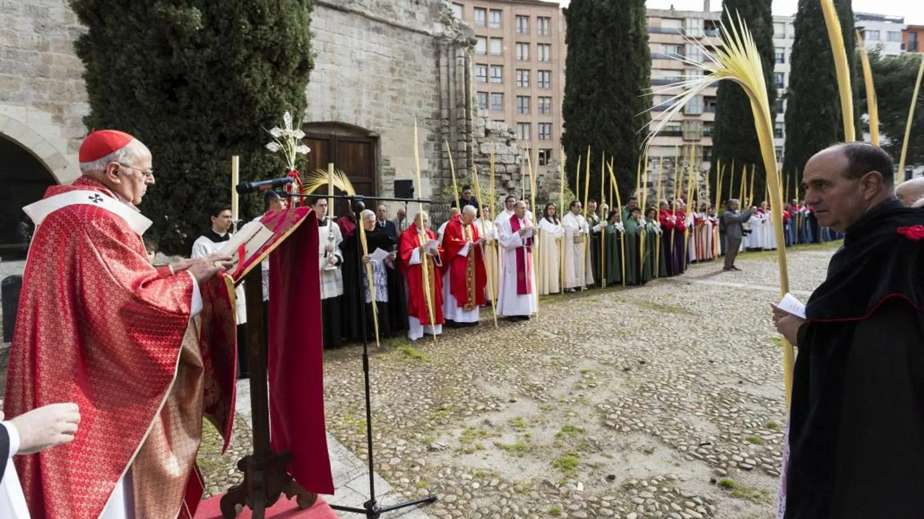 El cardenal, arzobispo de Valladolid y presidente de la Conferencia Episcopal, Ricardo Blázquez, durante la bendición en la catedral de los ramos que desfilarán en la procesión de Las Palmas