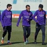 Luis Sua´rez, Messi, Alves y Meymar, en el entrenamiento de hoy