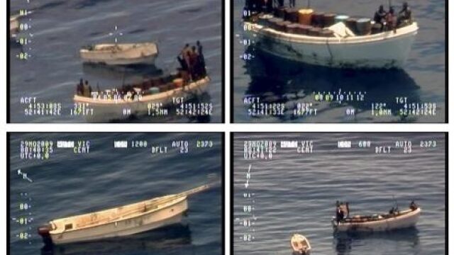 Combo de fotografías tomadas por un avión de patrulla marítima facilitado por la Armada portuguesa que muestra a un grupo de piratas somalíes en pleno proceso de preparación de un ataque,