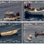 Combo de fotografías tomadas por un avión de patrulla marítima facilitado por la Armada portuguesa que muestra a un grupo de piratas somalíes en pleno proceso de preparación de un ataque,