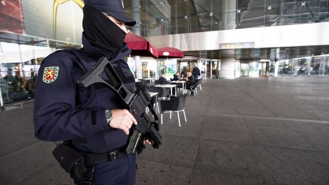 Un agente del Cuerpo Nacional de Policía en labores de vigilancia en una de las terminales del aeropuerto de Málaga.