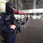 Un agente del Cuerpo Nacional de Policía en labores de vigilancia en una de las terminales del aeropuerto de Málaga.