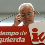 El líder de IU, Cayo Lara, durante la rueda de prensa que ha ofrecido tras la reunión de la dirección