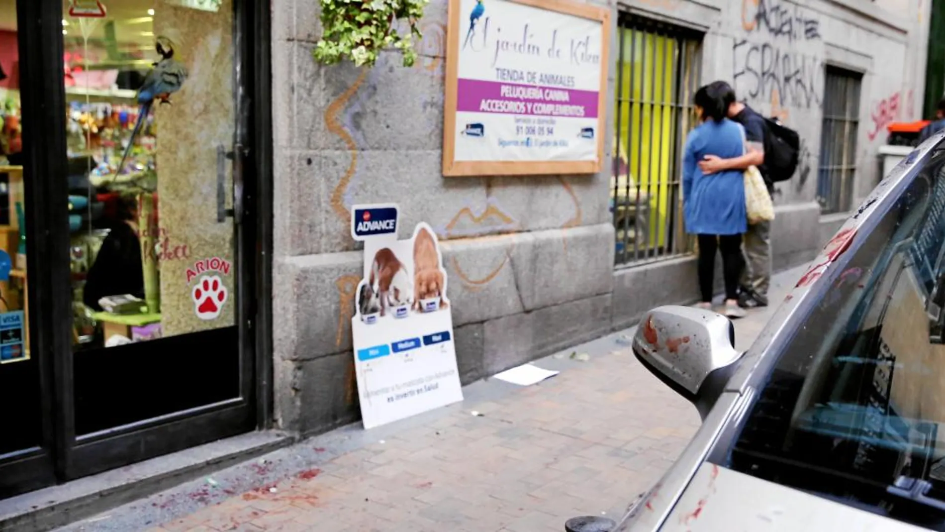 Los restos de sangre de Óscar Gallego, el propietario de El Jardín de Kika, se apreciaban ayer en uno de los coches aparcados a la entrada de la tienda