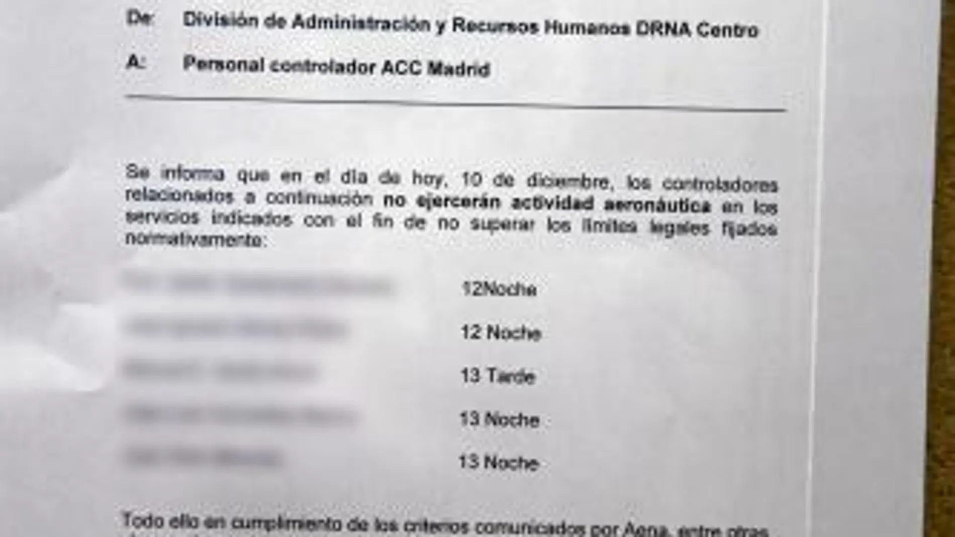 Documento interno de Aena con información sobre horas de trabajo