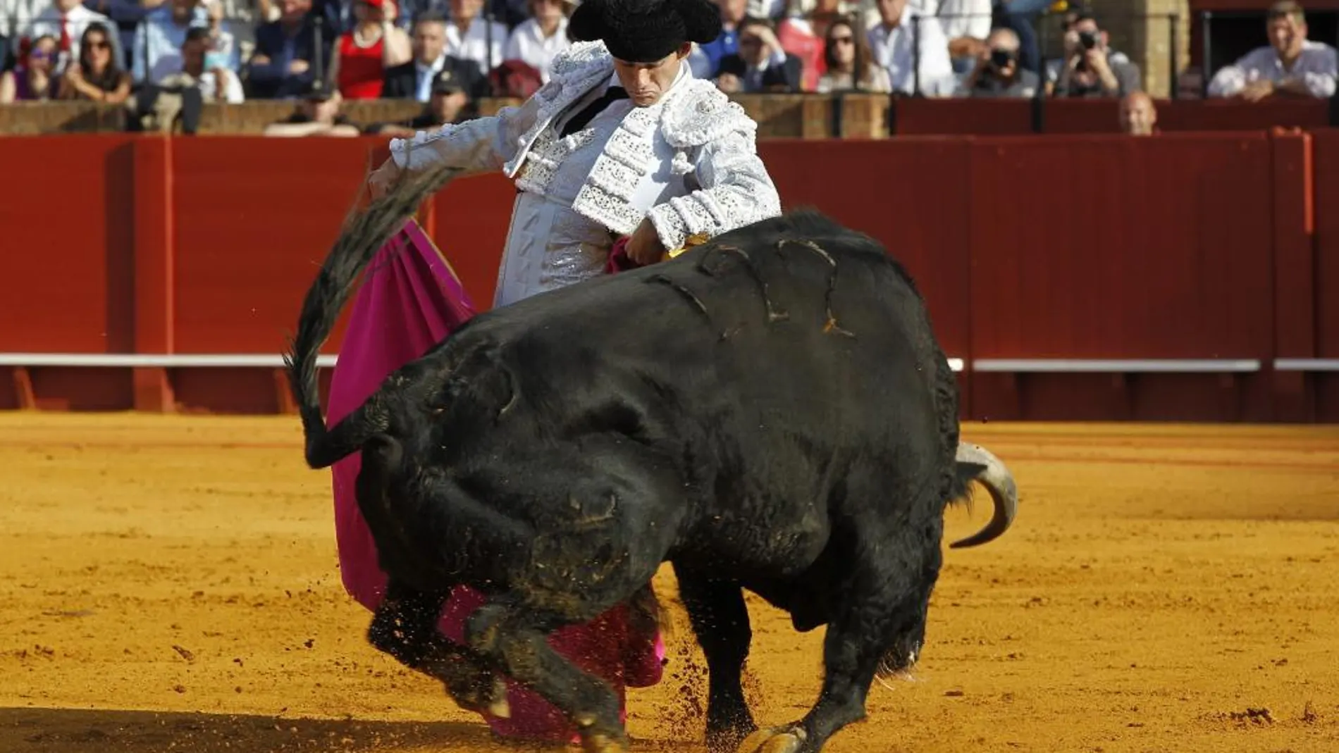 Garrido durante la faena de su primer toro donde tomó la alternativa