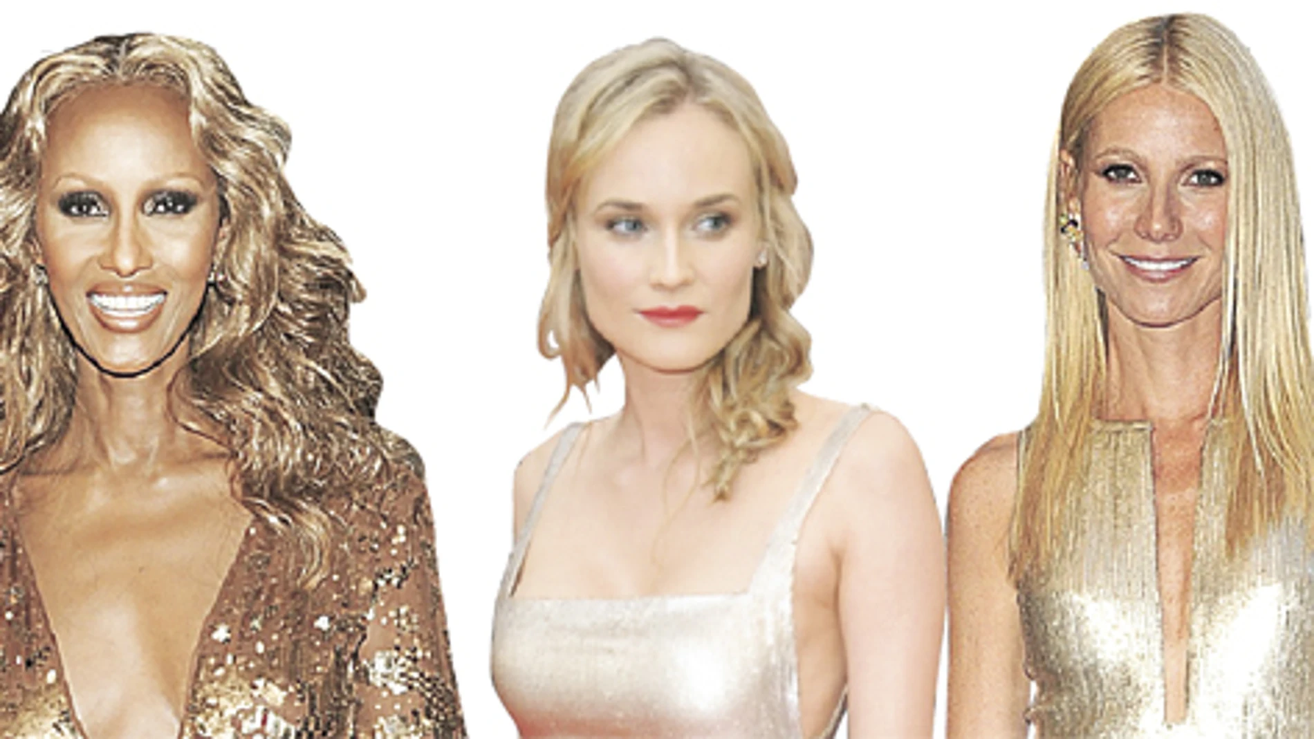 De izquierda a derecha, la modelo Iman con un mono dorado, Diane Kruger y Gwyneth Paltrow