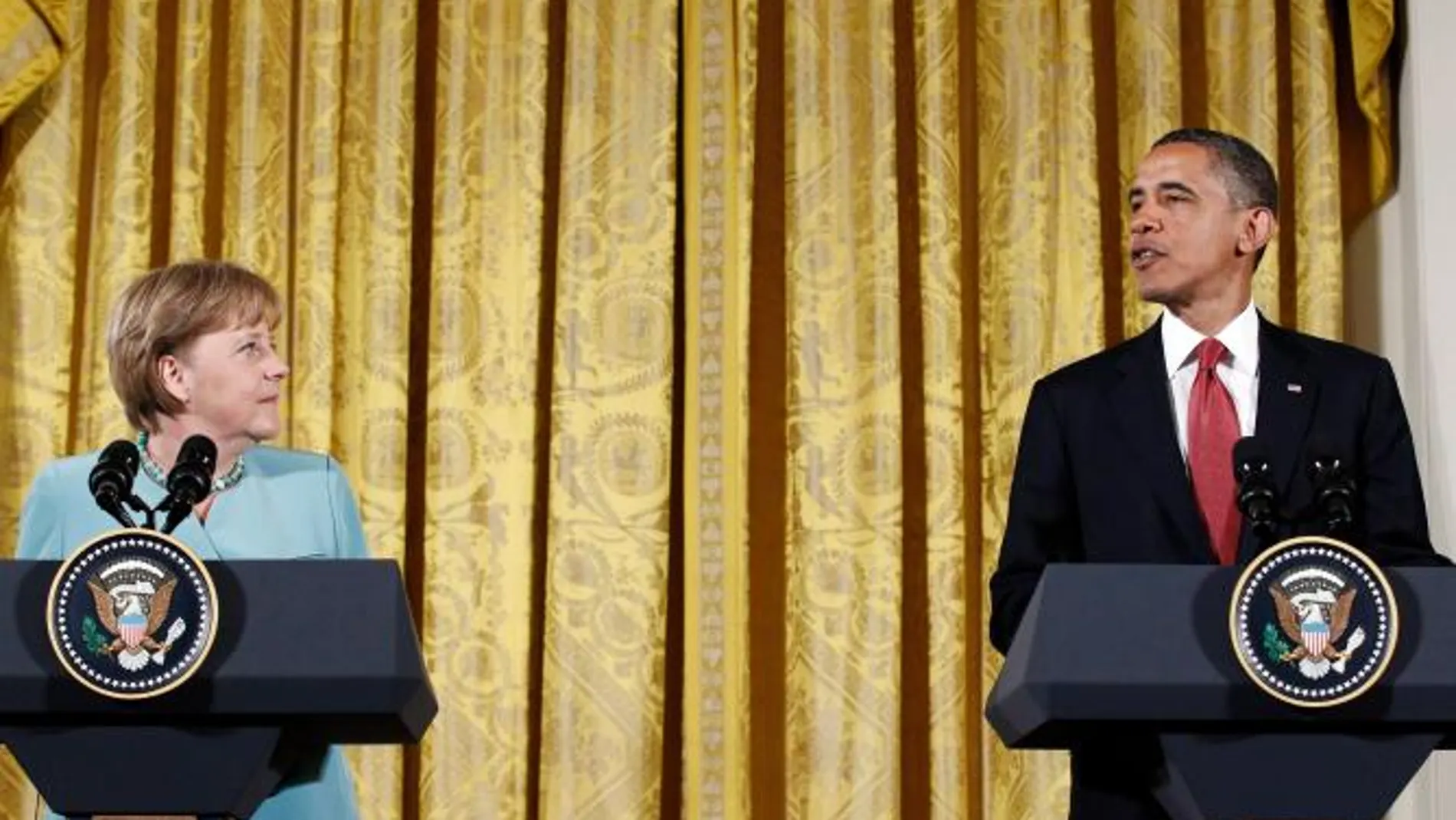 Barack Obama y Angela Merkel en una rueda de prensa conjunta tras una reunión  en Washington