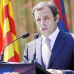 El presidente del Barcelona, Sandro Rosell, durante su discurso de ayer en el 32º Congreso Mundial de Peñas del club