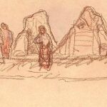Un dibujo de Nonell en el que recrea un grupo de barracas, realizado en 1908