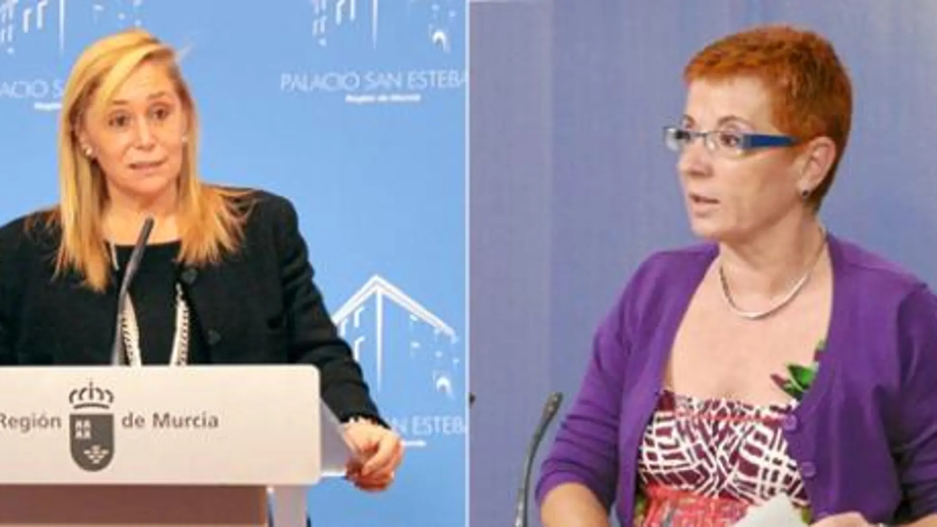 La consejera de Presidencia y Administraciones Públicas, María Pedro Reverte (izq.). La candidata socialista a la presidencia de la Comunidad, Begoña García Retegui (derecha)