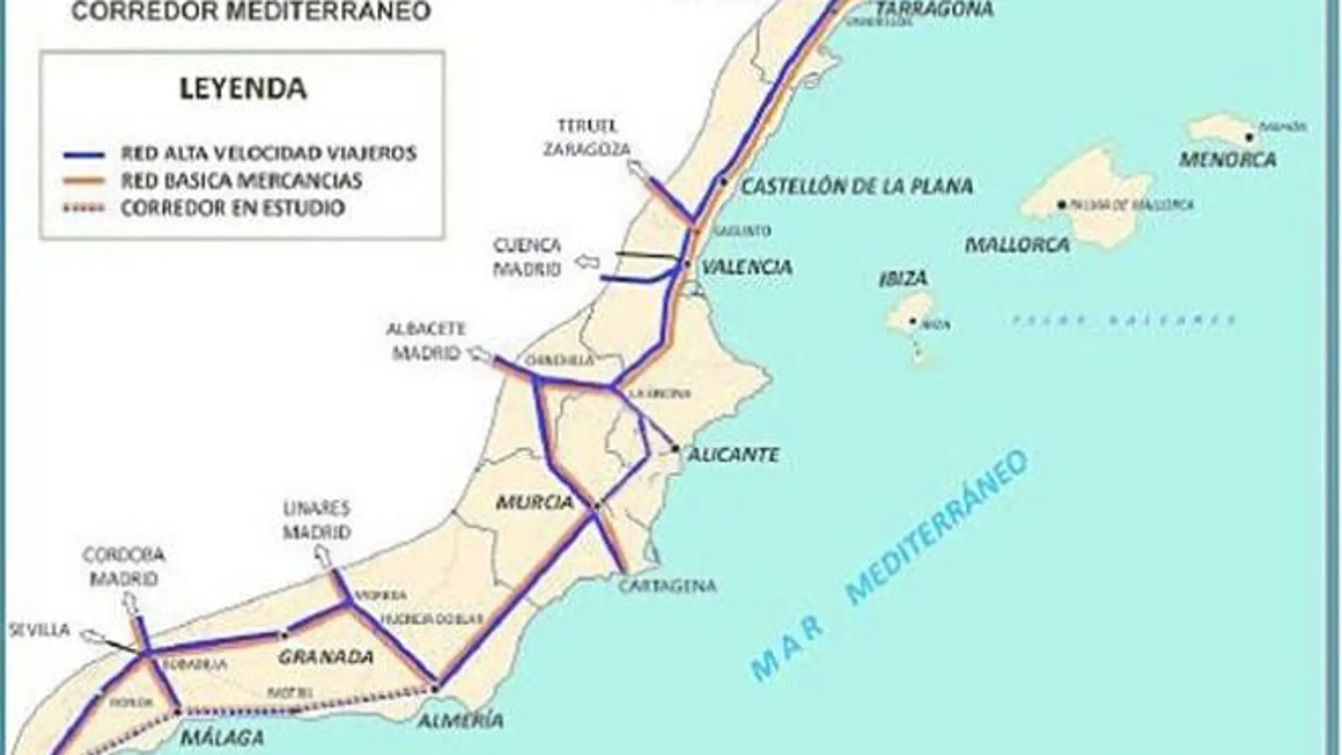 Ferrmed defiende que el Corredor transcurra desde Gerona hasta Algeciras, como indica el mapa