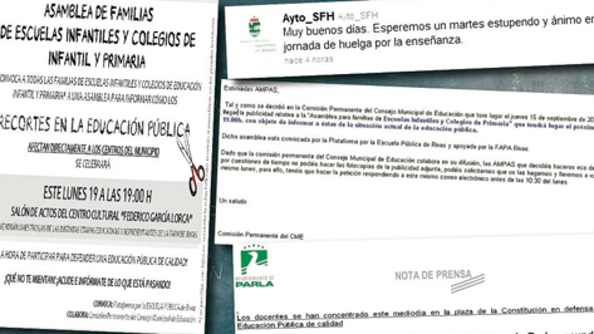 A través de Twitter, de las webs institucionales o desde correos municipales se ha animado en los últimos días a los vecinos de Rivas, San Fernando y Parla a seguir la huelga por diferentes motivos