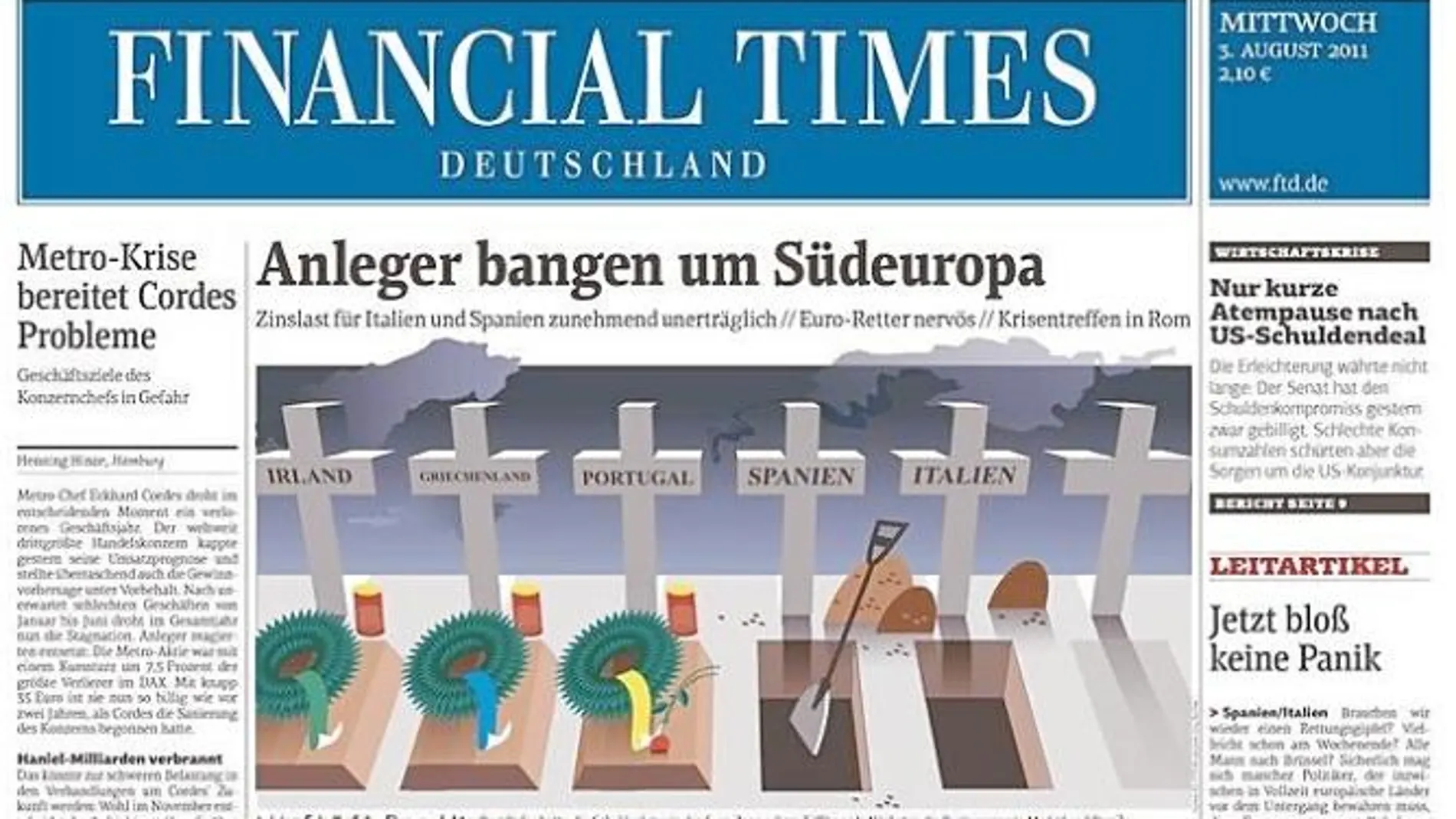 Financial Times La edición alemana muestra en su portada de ayer cómo España e Italia preparan su tumba.