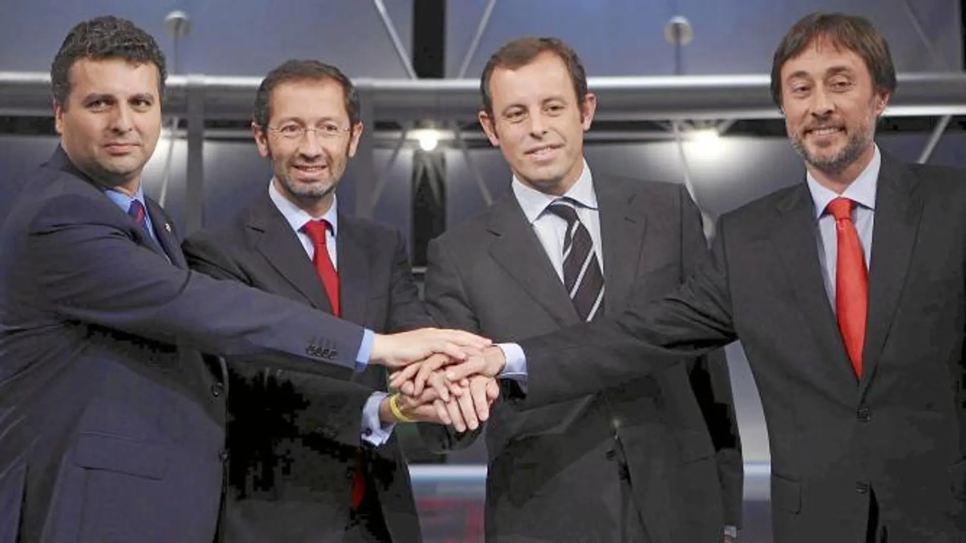 Jaume Ferrer, Marc Ingla, Sandro Rosell y Agustí Benedito, los cuatro candidatos en las últimas elecciones a la presidencia del Barcelona
