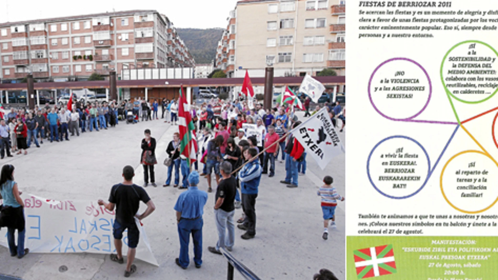 A la izquierda, la manifestación del pasado sábado en favor de los presos. A la derecha, uno de los pasquines con los que Bildu buzoneó a los vecinos de Berriozar.