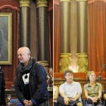 A la izquierda, el alcalde, Juan Karlos Izagirre, el día de su toma de posesión, con el retrato del Rey al fondo; a la derecha, ayer, ya sin el Rey