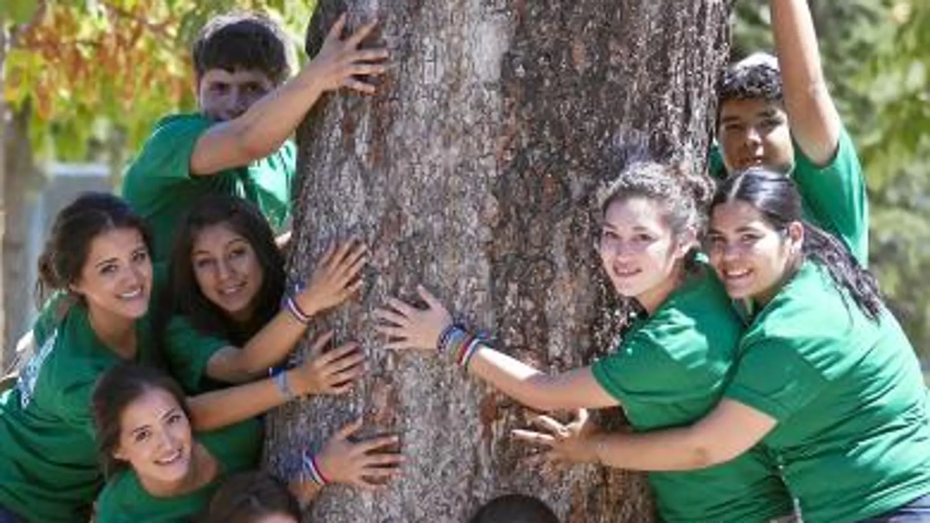 Peregrinos de México abrazados a un árbol del Parque del Retiro