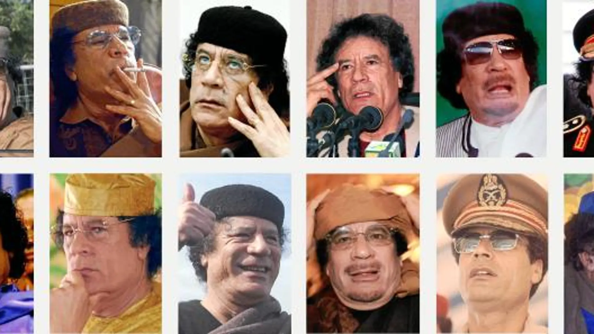 La de Gadafi ha sido una tiranía marcada por el culto a su persona. Presidente, coronel y máximo jefe de las Fuerzas Armadas, se consideró a sí mismo el rey de reyes africanos y el guía supremo. Ataviado con toga y birrete –con operación de cara o sin ell