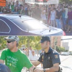 Unos 300 manifestantes con camisetas verdes cortaron uno de los accesos al Hospital de Torrejón. Aguirre tuvo que entrar por otra puerta. La Policía identificó a uno de ellos por golpear un vehículo